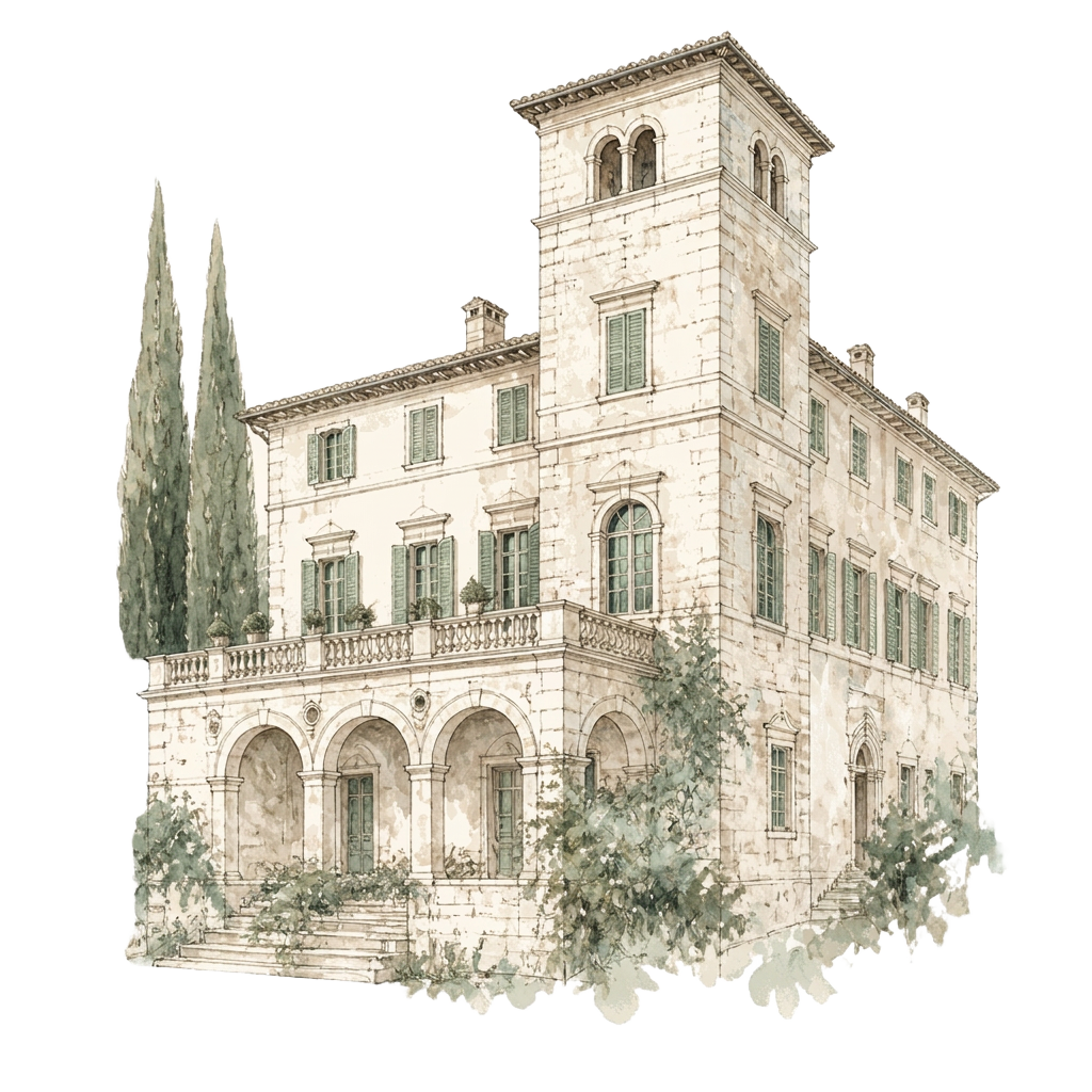 Watercolour sketch of a historic stone villa with a tower