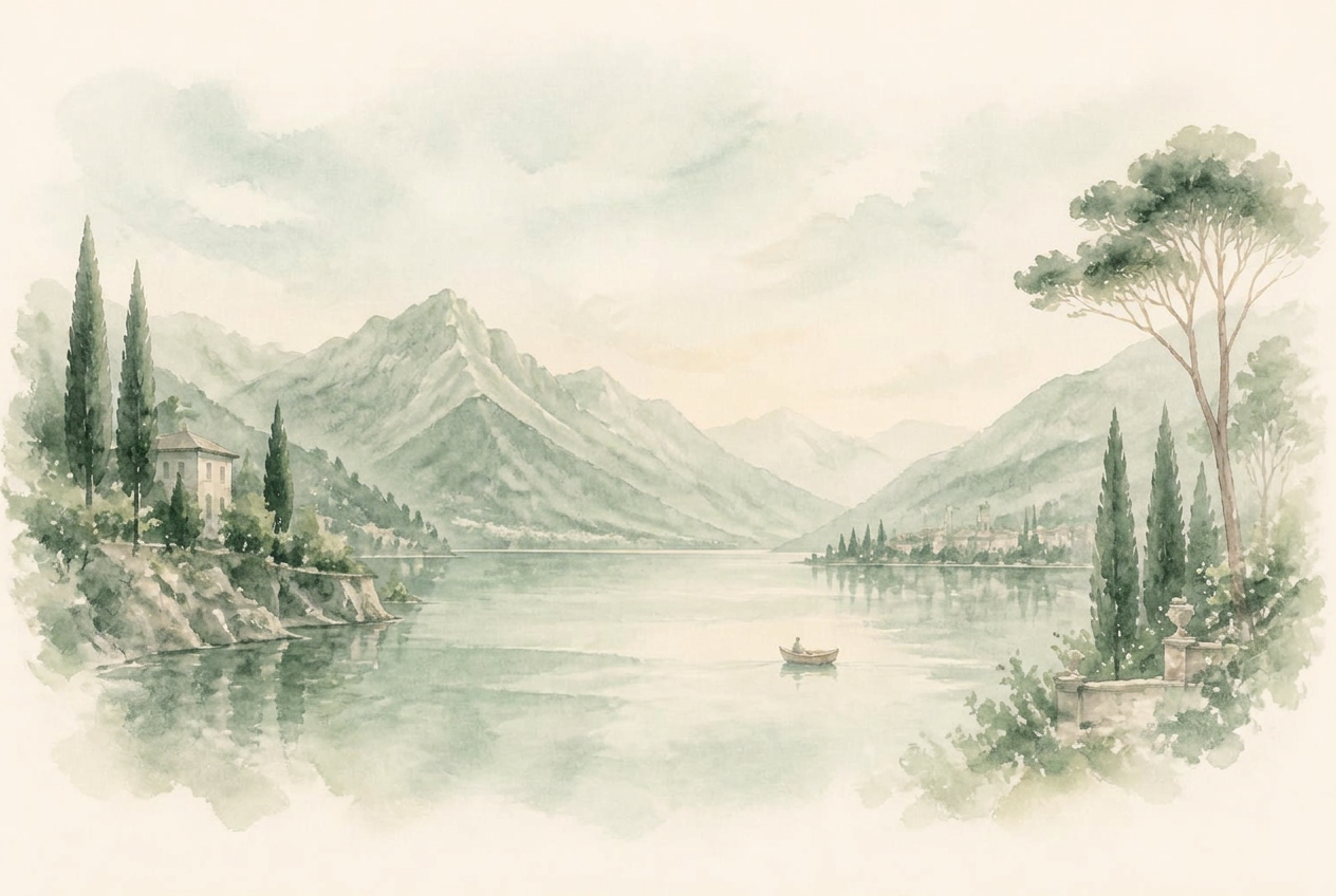 Pale watercolour of an alpine lake at dawn