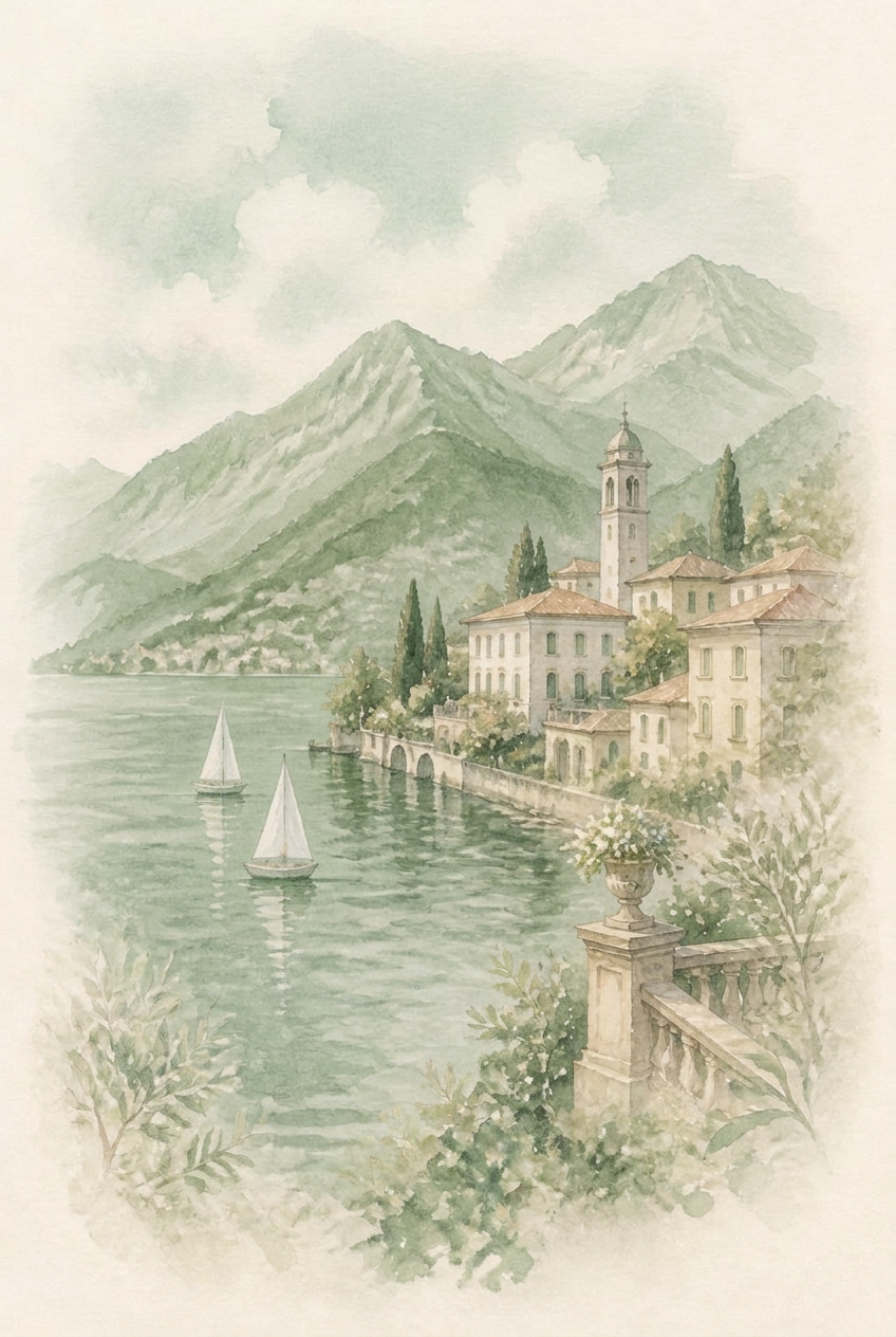 Watercolour painting of an Italian lakeside village with mountains and sailboats