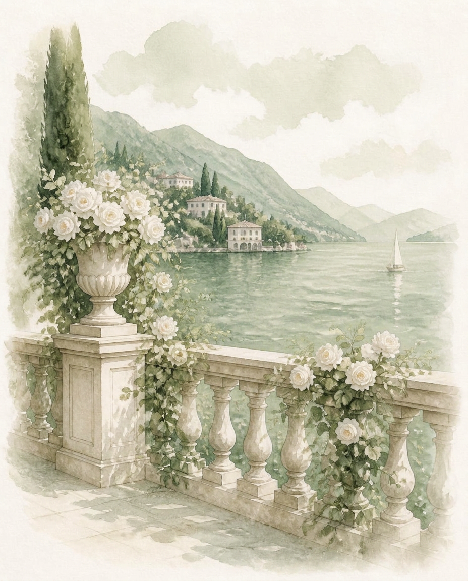 Watercolour of a lakeside stone terrace with white roses